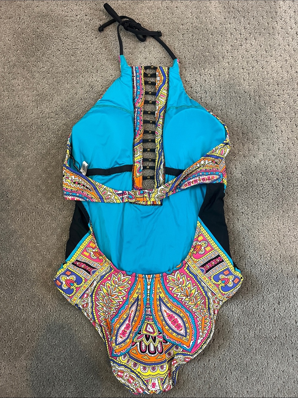 Trina Turk Turquoise & Multicolor Paisley One-Piece Halter Swimsuit Size 6 - Picture 6 of 8